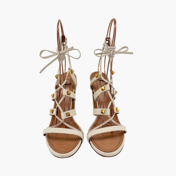 Valentino Garavani Rockstud White Lace Up Gladiator Sandals Heels Size 38 US 8 - Picture 2 of 16